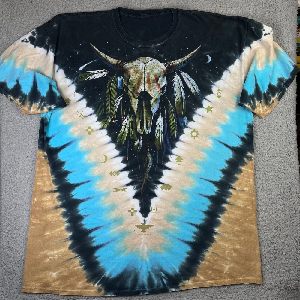 Liquid Blue T-Shirt Mens 2XL Blue Tie Dye Steer Skull Bison Brian Fox Vintage